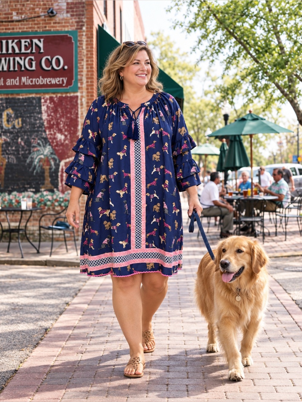 Simply Southern Dog Print Shift Dress Navy Pink Tassel Ruffle Sleeve XXL NEW